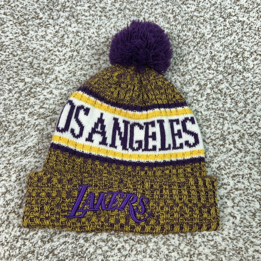 Los Angeles Lakers Beanie Mens One Size NBA Basketball Pom Knit Purple Logo